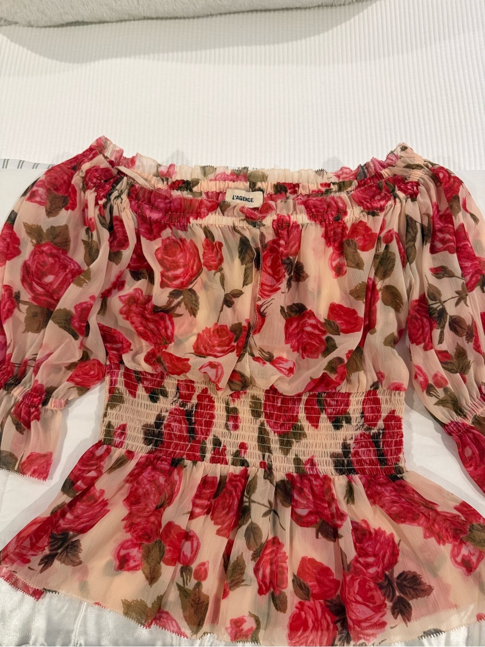 L'AGENCE Red Rose Off-Shoulder Floral top